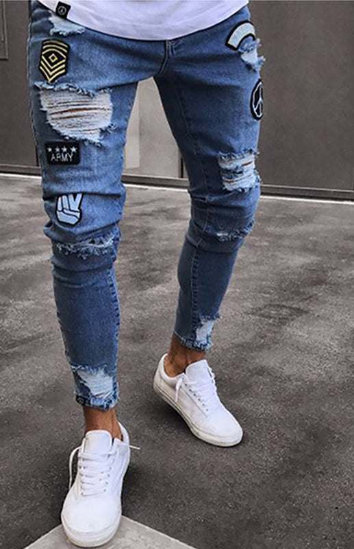 Trendy Men's Patchwork Distressed Knit Denim Slim Jeans - jeans | MENLL